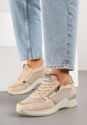 Beżowe Sneakersy na Koturnie ze Skórzaną Wkładką i Ozdobnym Suwakiem Arivnia. Brązowe obuwie sportowe damskie Born2be, z jeansu, bez zapięcia. Za 149.99 zł.