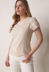 Beżowy Bawełniany T-shirt z Koronkowymi Rękawami Carilynore. Brązowe t-shirty damskie Born2be, m, bez wzorów, z bawełny, bez kołnierzyka. Za 59.99 zł.