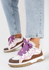 Różowo-Białe Sneakersy z Ozdobnym Sznurowaniem i Brokatem Nevesa. Białe obuwie sportowe damskie Born2be, bez zapięcia. Za 119.99 zł.
