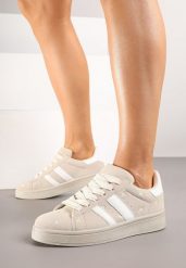 Beżowe Sneakersy z Ozdobnymi Paskami i Haftowanymi Kwiatami Malunea. Brązowe obuwie sportowe damskie Born2be, z jeansu, bez zapięcia. Za 89.99 zł.