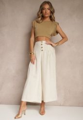 Beżowe Spodnie Culottes High Waist z Bawełny Zdobione Guzikami Izuma. Brązowe spodnie materiałowe damskie Renee, z aplikacjami, z bawełny. Za 74.99 zł.