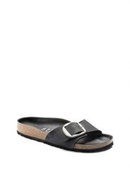 Birkenstock Skórzane klapki w kolorze czarnym rozmiar: 38. Czarne klapki damskie Birkenstock, bez wzorów, z nubiku, z otwartym noskiem, bez obcasa, bez zapięcia. Za 392.95 zł.