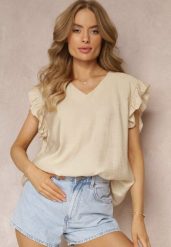 Beżowa Bluzka z Metaliczną Nitką i Falbankami Dollitta. Brązowe bluzki damskie Renee, xl, z aplikacjami, z tkaniny, bez kołnierzyka, bez ramiączek. Za 44.99 zł.