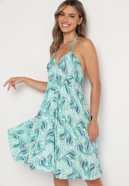 Zielona Bawełniana Sukienka na Ramiączkach Wiązana na Szyi i Plecach ze Ściągaczem Vikllie. Zielone sukienki damskie Born2be, bez wzorów, z bawełny, bez ramiączek. Za 39.99 zł.