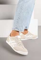 Beżowe Płaskie Sneakersy Ozdobione Paskami Almi. Brązowe obuwie sportowe damskie Born2be, z jeansu, bez zapięcia. Za 84.99 zł.
