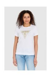 GUESS Biały t-shirt damski ze złotym haftowanym cyrkoniami logotypem slim fit. Białe t-shirty damskie Guess, s, z aplikacjami, z bawełny, bez kołnierzyka. W wyprzedaży za 190.99 zł.
