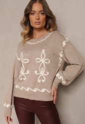 Beżowy Sweter z Wiskozą i Geometrycznym Wzorem Senallin. Brązowe swetry klasyczne damskie Renee, uniwersalny, z jeansu, bez kołnierzyka. Za 119.99 zł.