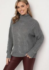 Ciemnoszary Golf z Wiskozą o Kroju Oversize z Tłoczonym Wzorem Rivlemi. Szare golfy damskie Born2be, m, bez wzorów, z materiału, bez ramiączek. Za 84.99 zł.