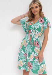 Zielona Sukienka Mini z Kopertową Górą i Gumką w Pasie Keasia. Zielone sukienki damskie Born2be, bez wzorów, bez ramiączek. Za 89.99 zł.