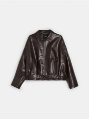 Kurtka bomber z kołnierzykiem z imitacji skóry - brązowy. Brązowe kurtki damskie Sinsay, l, bez wzorów, ze skóry, bez kaptura. Za 99.99 zł.