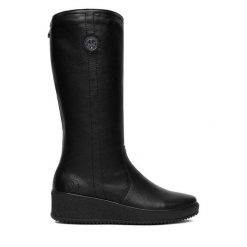 Kozaki Rieker. Czarne kozaki damskie Rieker, bez obcasa, na koturnie, bez zapięcia. Za 429.99 zł.