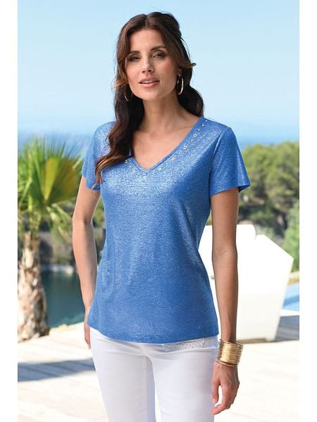 Bleu d'Azur Koszulka "Maxou" w kolorze niebieskim rozmiar: 44. Niebieskie bluzki damskie Bleu d'Azur, w ażurowe wzory, bez kołnierzyka, bez ramiączek. Za 91.99 zł.