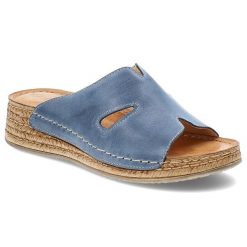 Niebieskie Klapki Wasak Stylowe Skórzane Obuwie Damskie. Niebieskie klapki damskie Wasak, bez wzorów, z jeansu, bez obcasa, na koturnie, bez zapięcia. Za 259.00 zł.