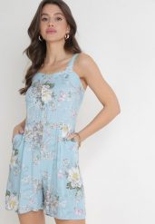 Jasnoniebieski Kombinezon z Krótkimi Nogawkami i Marszczoną Gumką w Pasie Emalyna. Niebieskie sukienki damskie Born2be, bez wzorów, bez ramiączek. Za 89.99 zł.