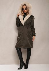 Ciemnozielona Długa Kurtka Parka Nylonowa Płaszcz z Futrzanymi Wstawkami Rinale. Zielone kurtki damskie Renee, l, bez wzorów, z futra, bez kaptura. Za 329.99 zł.