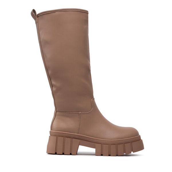 Kozaki DeeZee. Brązowe kozaki damskie DeeZee, bez obcasa, na płaskiej podeszwie, bez zapięcia. Za 139.99 zł.