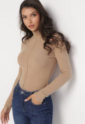 Beżowy Sweter Golf o Dopasowanym Kroju Ryler. Brązowe golfy damskie Born2be, m, z aplikacjami, z jeansu, bez ramiączek. Za 89.99 zł.