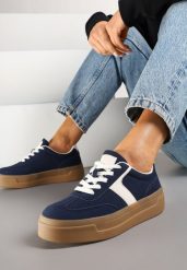 Granatowe Sneakersy na Grubej Podeszwie w Stylu Kultowych Tenisówek Hanelith. Niebieskie obuwie sportowe damskie Renee, z jeansu, bez zapięcia, tenisowe. Za 99.99 zł.