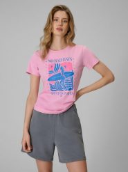 4F T-shirt regular z nadrukiem damski - różowy XS. Czerwone t-shirty damskie 4F, xs, bez wzorów, z bawełny, bez kołnierzyka. Za 59.99 zł.