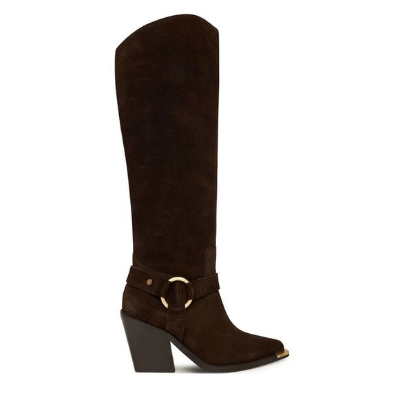 Kozaki Bronx. Brązowe kozaki damskie Bronx, bez obcasa, na słupku, bez zapięcia. Za 849.99 zł.