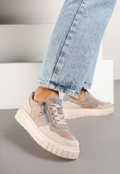 Beżowo-Niebieski Streetwearowe Sneakersy ze Skóry Naturalnej z Ozdobnym Suwakiem Eleavenna. Brązowe obuwie sportowe damskie Renee, z jeansu, bez zapięcia. Za 169.99 zł.