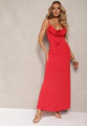 Czerwona Sukienka Koktajlowa o Dopasowanym Kroju z Ozdobną Broszką Kwiatkiem i Falbaną Vikassa. Czerwone sukienki damskie Renee, bez wzorów, eleganckie, bez ramiączek. W wyprzedaży za 67.99 zł.