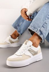 Biało-Beżowe Sneakersy na Platformie z Brokatowymi Akcentami Sellona. Białe obuwie sportowe damskie Renee, z materiału, bez zapięcia. Za 79.99 zł.