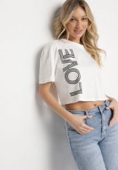 Biały Krótki Bawełniany T-shirt z Napisem Sannirra. Białe t-shirty damskie Born2be, m, bez wzorów, z bawełny, bez kołnierzyka. Za 34.99 zł.