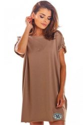 Luźna bawełniana mini sukienka oversize na lato beżowa. Brązowe sukienki damskie Infinite You, bez wzorów, z bawełny, sportowe, bez ramiączek. Za 199.00 zł.