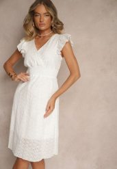 Biała Haftowana Rozkloszowana Sukienka z Bawełny Neliasta. Białe sukienki damskie Renee, bez wzorów, z bawełny, eleganckie, bez ramiączek. W wyprzedaży za 75.99 zł.