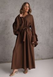 Brązowa Koszulowa Sukienka z Wiskozy Ozdobiona Paskiem i Falbanami Tinethra. Brązowe sukienki damskie Renee, bez wzorów, z materiału, eleganckie, bez ramiączek. Za 199.99 zł.