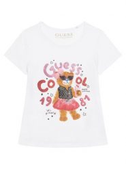 Guess T-Shirt K6RI03 K6YW4 Biały Regular Fit. Białe koszulki i t-shirty dziewczęce Guess, z aplikacjami, z bawełny, bez kołnierzyka, bez ramiączek. Za 95.00 zł.