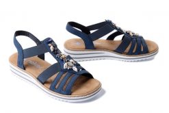 RIEKER V0649-14 blue, sandały damskie. Niebieskie sandały damskie Rieker, bez wzorów, bez obcasa, na koturnie, bez zapięcia. Za 255.92 zł.