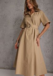Beżowa Pudełkowa Sukienka z Bawełny Ozdobiona Przeszyciami i Paskiem Anthionis. Brązowe sukienki damskie Renee, z aplikacjami, z bawełny, casualowe, bez ramiączek. Za 189.99 zł.