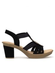 Rieker Sandały 66526-00 Czarny. Czarne sandały damskie Rieker, bez wzorów, z materiału, bez obcasa, na słupku, bez zapięcia. Za 223.99 zł.