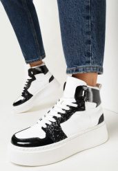 Biało-Czarne Sneakersy na Grubej Płaskiej Podeszwie z Cholewką za Kostkę Ozdobione Brokatem i Metalicznymi Wstawkami Byreli. Białe obuwie sportowe damskie Born2be, za kostkę, bez zapięcia. Za 59.99 zł.