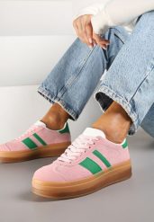 Różowo-Zielone Płaskie Sneakersy Ozdobione Paskami Norili. Czerwone obuwie sportowe damskie Born2be, z jeansu, bez zapięcia, tenisowe. Za 89.99 zł.