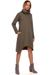 Dzianinowa Asymetryczna Sukienka z Wysokim Kołnierzem - Khaki. Brązowe sukienki damskie MOE, bez wzorów, z bawełny, wizytowe, bez ramiączek. Za 253.90 zł.