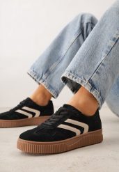 Czarne Zamszowe Sneakersy w Stylu Kultowych Tenisówek ze Skórzaną Wkładką Berosele. Czarne obuwie sportowe damskie Born2be, z jeansu, bez zapięcia, tenisowe. Za 189.99 zł.