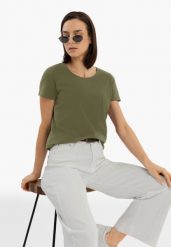 Koszulka basic T-DIANA. Brązowe koszulki damskie Volcano, m, bez wzorów, z materiału, bez kołnierzyka, bez ramiączek. Za 54.99 zł.