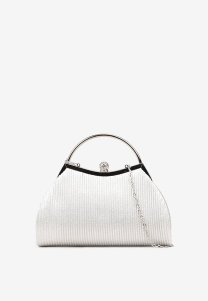 Srebrna Wieczorowa Torebka Vices o Trapezowym Kształcie z Rączką i Łańcuszkiem Accone. Szare kombinezony damskie Renee, uniwersalny, bez wzorów, z lakierowanej skóry, eleganckie, bez kołnierzyka, bez ramiączek. Za 49.99 zł.