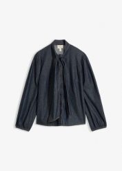 Bluzka jeansowa z bawełny organicznej. Niebieskie bluzki damskie bonprix, bez wzorów, z bawełny, bez kołnierzyka, bez ramiączek. Za 149.99 zł.