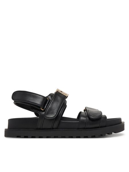Guess Sandały FLJFBL ELE03 Czarny. Czarne sandały damskie Guess, z aplikacjami, ze skóry, bez obcasa, na płaskiej podeszwie, bez zapięcia. Za 398.99 zł.