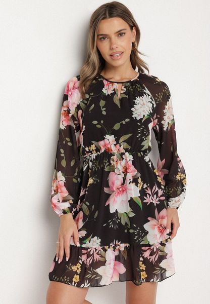 Czarna Sukienka o Rozkloszowanym Kroju w Kwiaty Zeramera. Czarne sukienki damskie Born2be, bez wzorów, z wiskozy, wizytowe, bez ramiączek. Za 99.99 zł.
