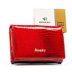 Średni, czerwony portfel damski ze skóry naturalnej zamykany zatrzaskiem - Rovicky. Czerwone portfele damskie ROVICKY, bez wzorów, z lakierowanej skóry. Za 99.00 zł.