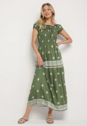 Zielona Sukienka z Wiskozy ze Wzorem Boho Ellirose. Zielone sukienki damskie Born2be, z aplikacjami, z wiskozy, boho, bez ramiączek. Za 99.99 zł.