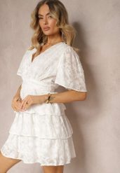 Biała Sukienka o Rozkloszowanym Kroju z Dekoltem w Serek i Falbankami Drapia. Białe sukienki damskie Renee, bez wzorów, eleganckie, bez ramiączek. W wyprzedaży za 118.99 zł.