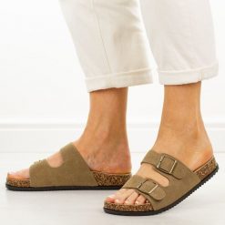 Khaki skórzane klapki damskie Potocki 30310. Brązowe klapki damskie POTOCKI, bez wzorów, z jeansu, bez obcasa, na płaskiej podeszwie, bez zapięcia. Za 149.00 zł.