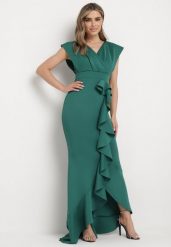 Zielona Asymetryczna Sukienka z Dekoltem V i Ozdobną Falbaną Efiola. Zielone sukienki damskie Born2be, bez wzorów, eleganckie, bez ramiączek. W wyprzedaży za 152.99 zł.