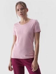 4F T-shirt slim z nadrukiem damski - różowy M. Czerwone t-shirty damskie 4F, m, bez wzorów, z bawełny, bez kołnierzyka. W wyprzedaży za 39.99 zł.